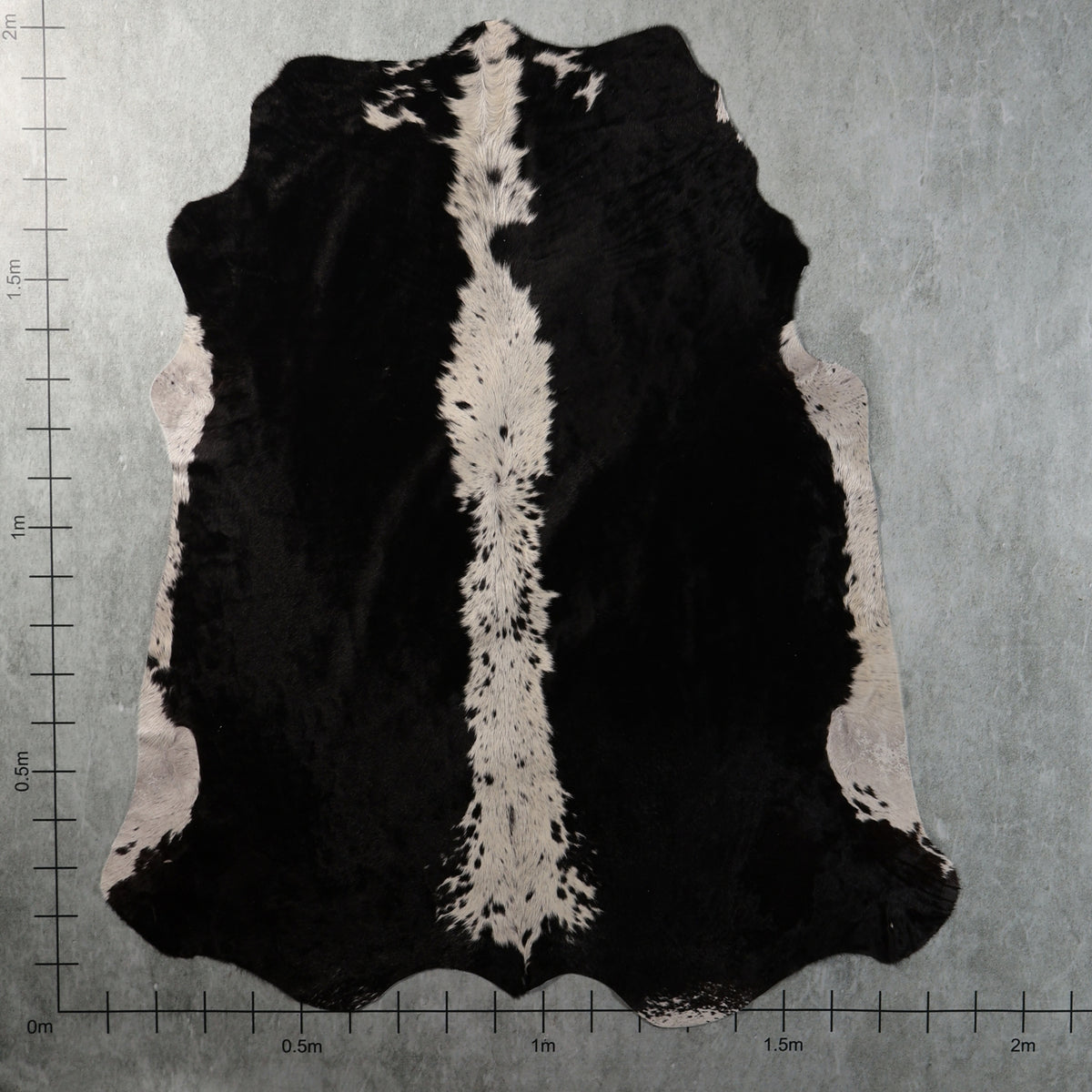 Genuine South African black-and-white Nguni cowhide with bold black panels, a distinctive white speckled central stripe and contrasting white side markings – BGS2750.