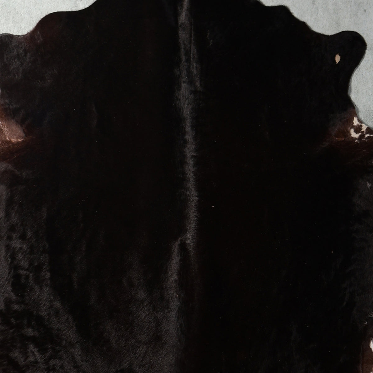 A close up of a black Nguni cowhide rug 