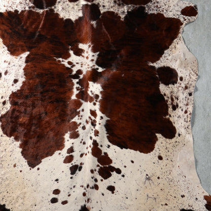 A close up of a cowhide rug with a natural brown and white mottled pattern.