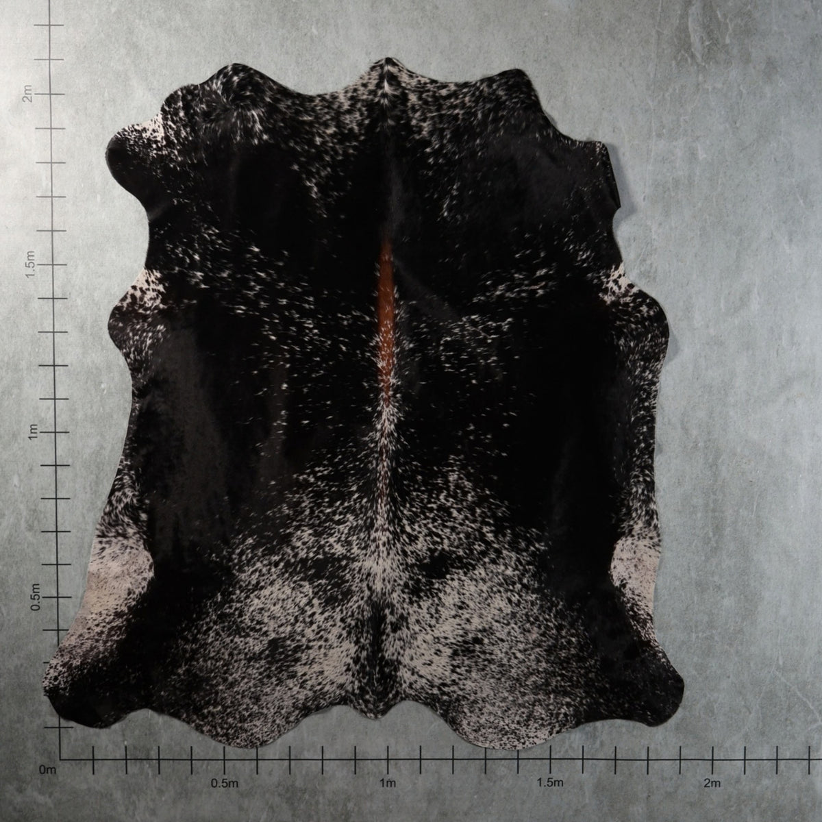 Genuine South African black-and-white speckled tri-colour Nguni hide with a distinctive reddish-brown central streak and finely mottled markings – TRI2856.