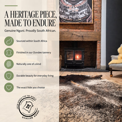 Nguni cowhides form part of our South African Heritage. Locally & ethically sourced, finished in our Dundee tannery.