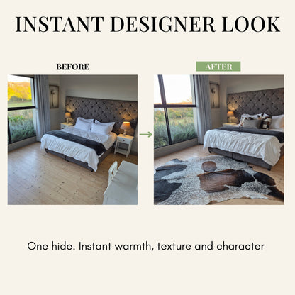 Bedroom before and after adding a black, brown and white tri colour nguni cowhide rug, showing the warmth, texture and character it brings.